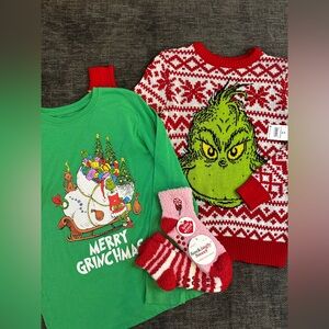 The Grinch Holiday Sweater & Green Long Sleeve and festive socks BUNDLE